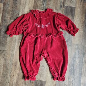 Vintage Red Velvet Romper Ruffle Czech Republic Holiday Christmas 24M Cotton